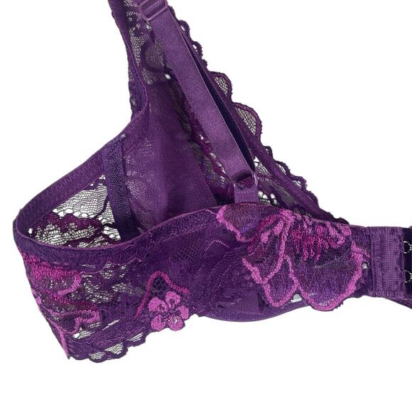 Wacoal Lace Plunge Bra Floral Sheer Feminine Romantic 95730 Purple Size 34B - Picture 7 of 12